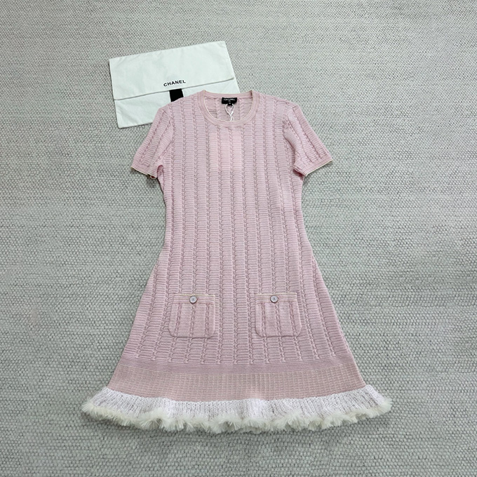 chanel openwork rib knit crew neck short sleeve mini dress